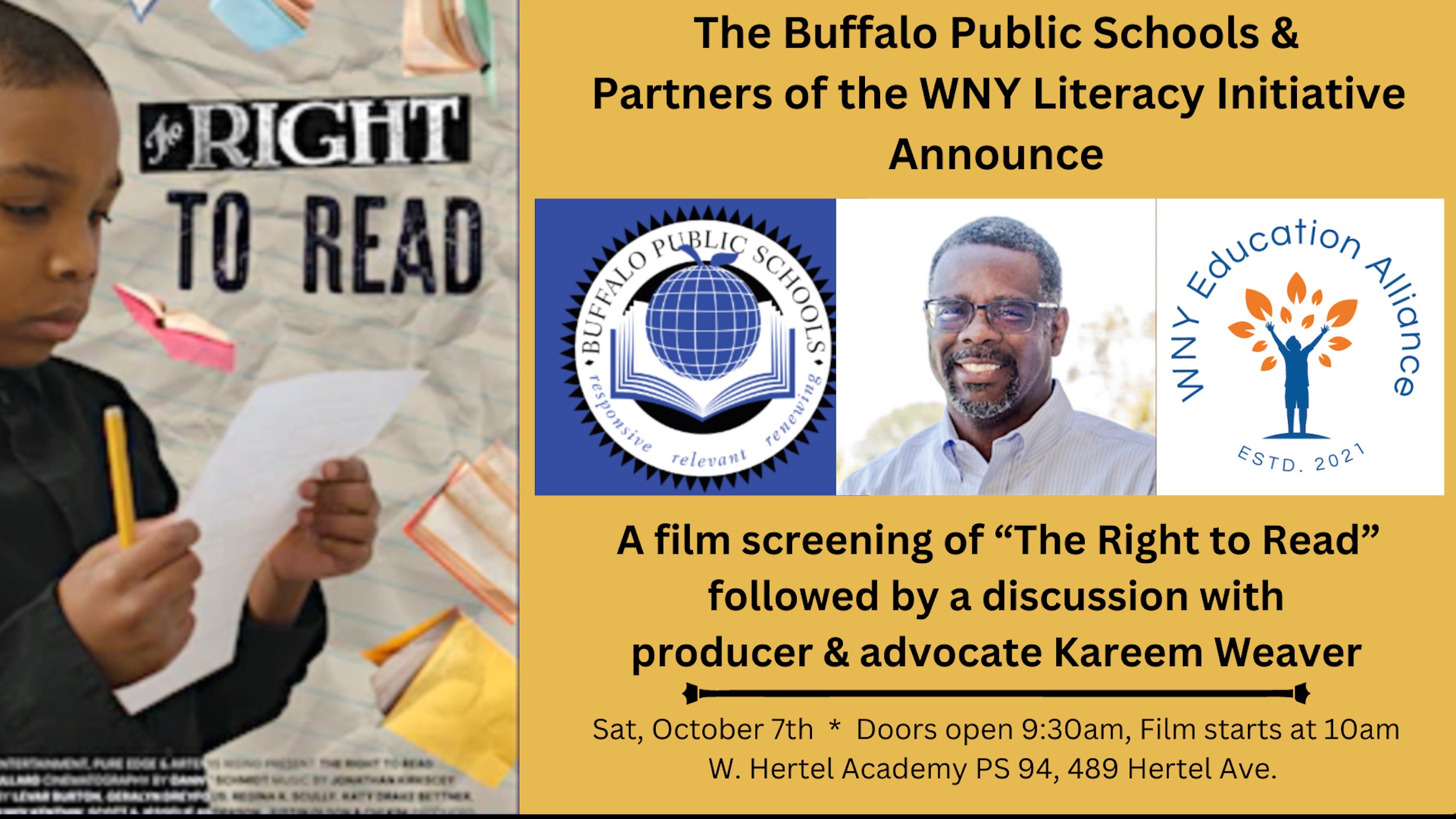 Buffalo Public Schools District-Wide Screening of "The Right to Read" & Discussion with Kareem Weaver! Image